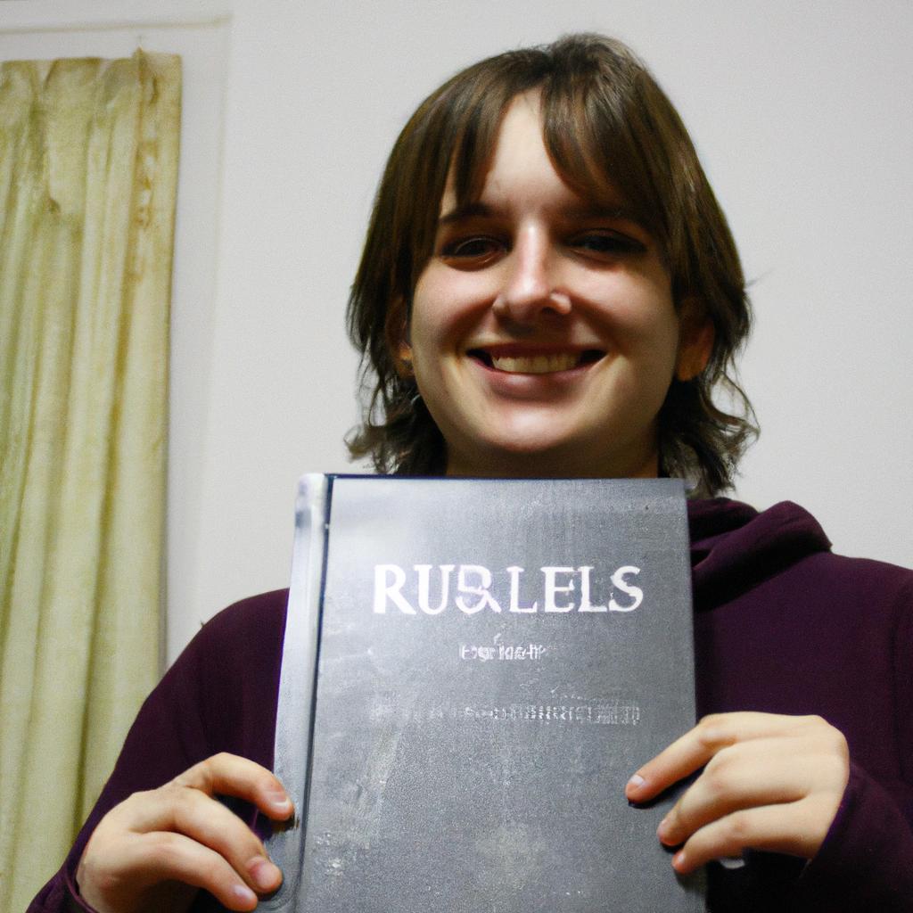 Person holding game rulebook, smiling